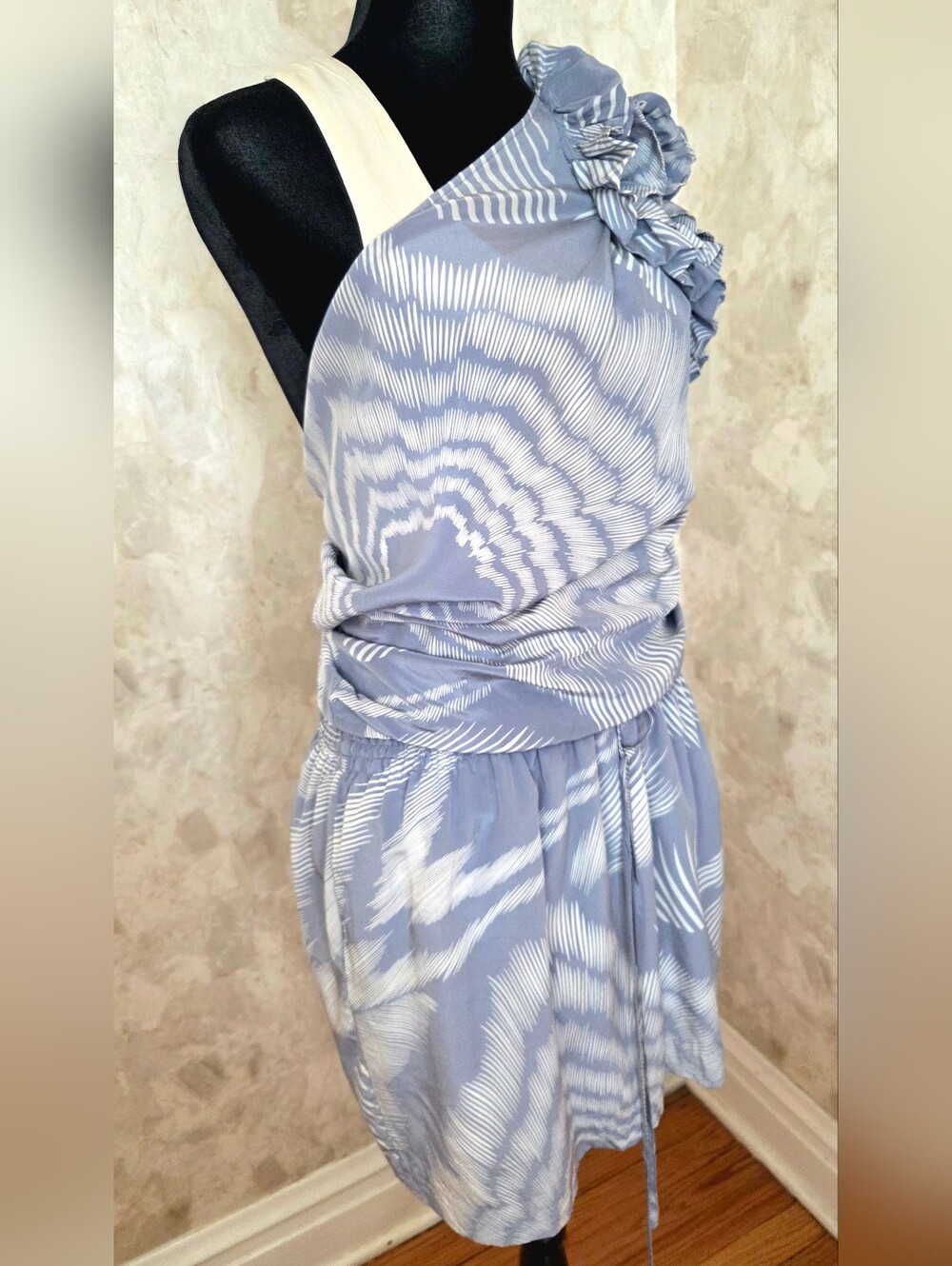 Robert Rodriguez Silk One Shoulder Dress Size 6 Blue White Ruffle Resort Vacatio - Picture 7 of 15